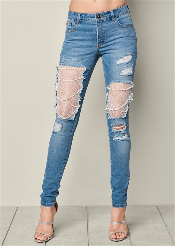 LACE AND PEARL RIPPED JEANS 1664 - фото 4553