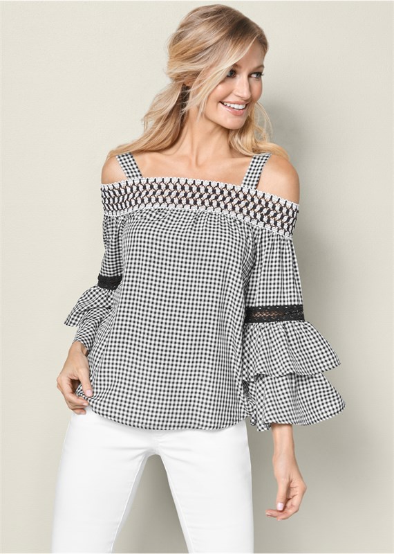 RUFFLE SLEEVE GINGHAM TOP 1681 - фото 4665